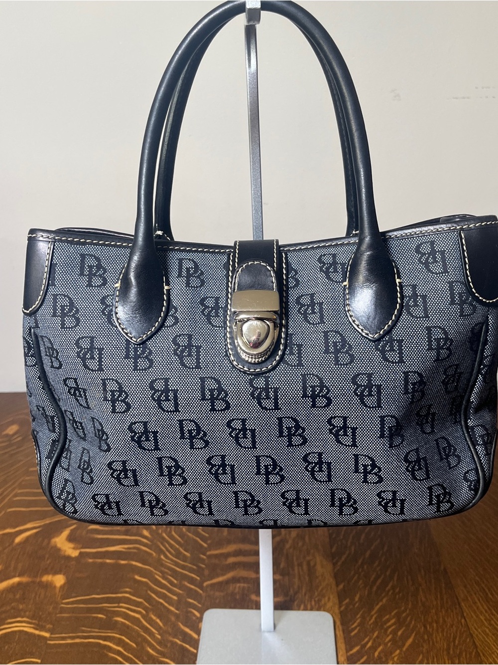 Dooney & Bourke Black Signature Monogram Logo Shoulder Bag with Silver Lock Bag